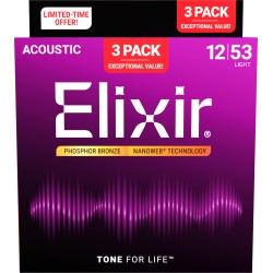 Elixir Nanoweb Phosphor Bronze light 12-53 - Pack 3 jeux