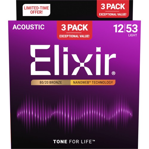 Elixir Acoustic Nanoweb Bronze 80/20 light - Pack 3